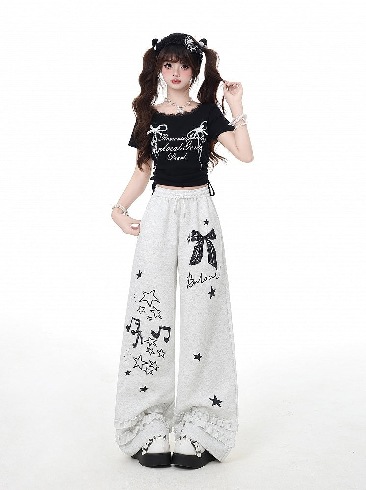 Wide-Leg Pants Black/Light Gray Bow and Star Print Vintage