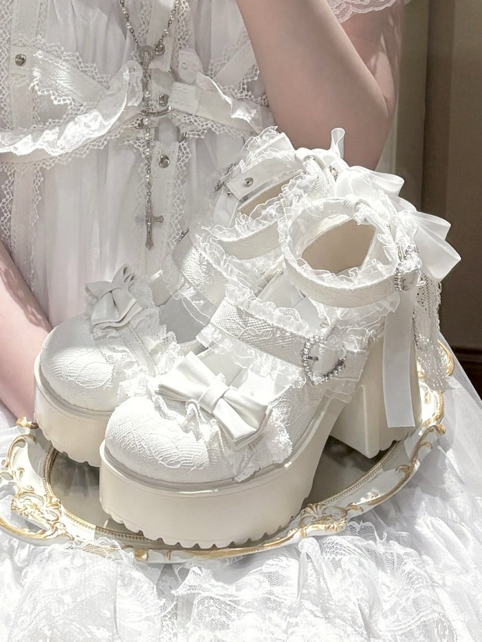 Shoes Platform Jirai - Trim Mary Lace Heels Block High Kei White Jane with
