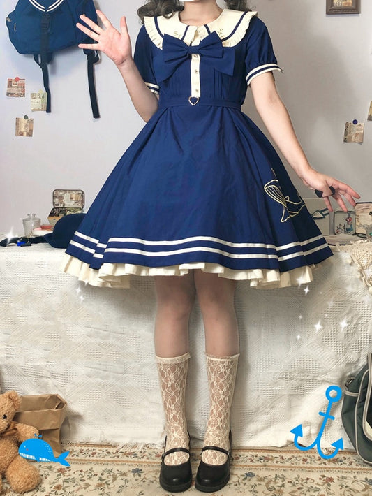 Plus Size Friendly Dark Blue Sweet Dress Whale Peter Pan Collar