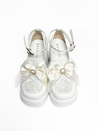 Heart Platform Beaded Jirai with - Vamp Bow Kei White Heels High Buckle Block Matching