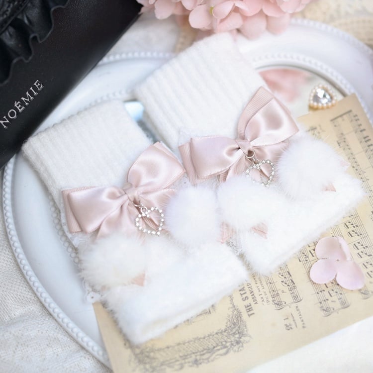 Jirai Kei Dusty Pink Black Fluffy Bows Adorned Knit Gloves