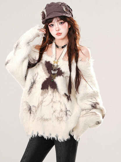 Apricot/Black Butterflies Halter Neck Mohair Loose Sweater