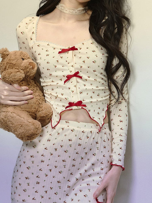 Apricot Floral Pattern Square Neckline Crop Top with Bowknot Details