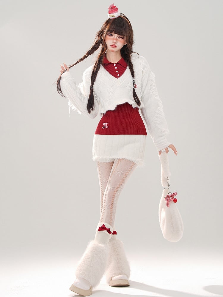 V-neck Mini Top Cropped + Skirt + White Knit White Set Sweater Red
