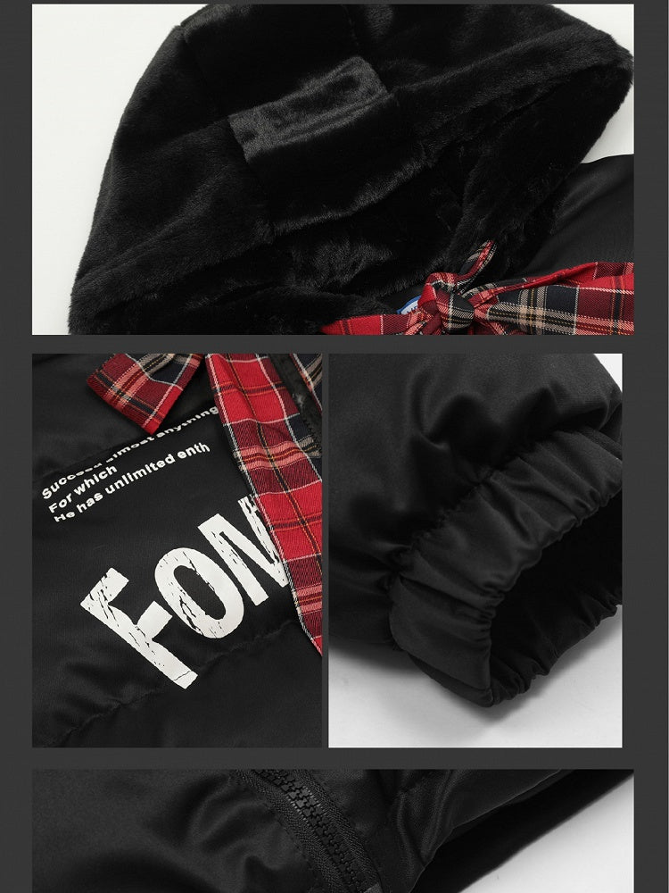 Black/White Letters Print Self-tie Bowknot Hooded Thick Jacket