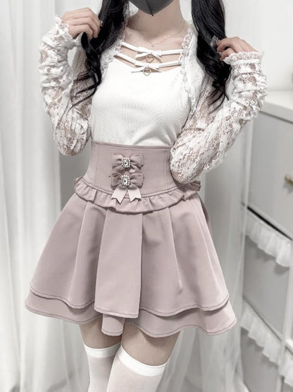 Bowknots Jirai Kei Black/White Neckline Lace Sleeves Top