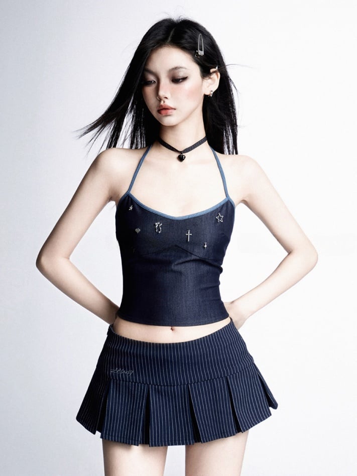 Cropped Denim Blue Halter Neck Metal Top Charms