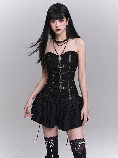 Lace Tiered Skirt Cross Black Lace-up Waist Studded