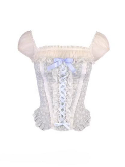 Ruffled Sleeves Blue Corset Hem Peplum Puff Top Faux Two-Piece With