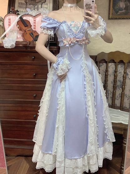 Blue Slim Fit Waist Floral Square Neckline Elegant Lolita Empire Dress