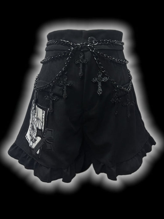 Gothic Black CrossPatches High Waist Ruffle Trim Shorts with Free Waist Chain