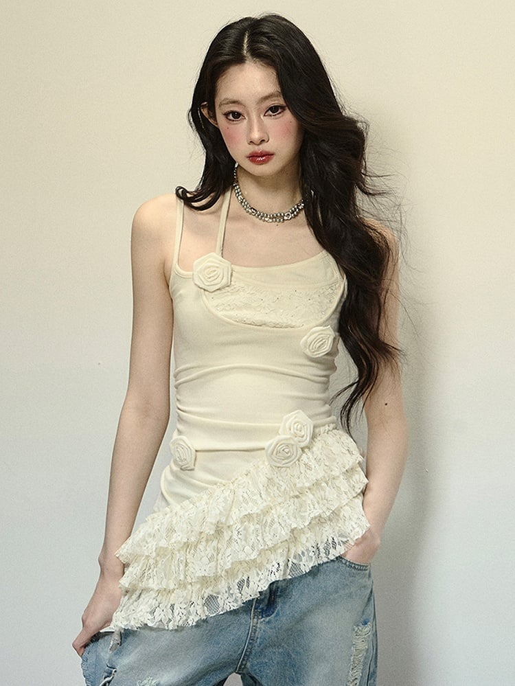 Apricot Floral Embellishments Cami Top with Asymmetrical Tiered Hem