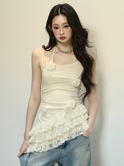 Apricot Floral Embellishments Cami Top with Asymmetrical Tiered Hem