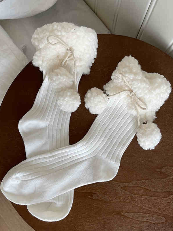 Fleece Cuff Lolita Cotton Socks with Pompons