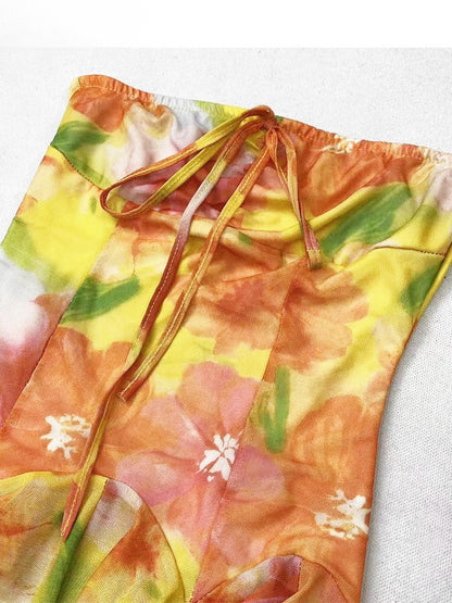 Print Top Ruffle Accents Orange Tube Holiday Floral Cascading