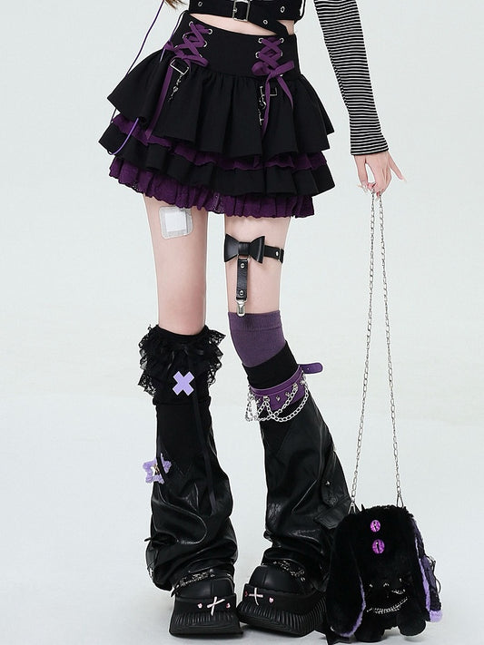 Details Skirt Tiered Waist Purple Y2K at Black and Lace-up