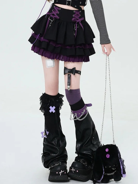 Skirt Black Tiered Details Waist Purple Y2K at and Lace-up