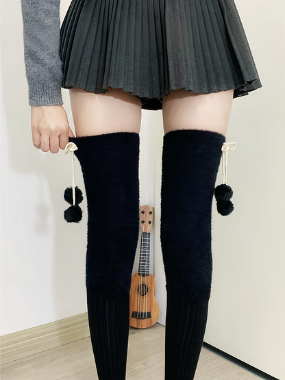 Milk White/Light Coffee/Gray/Black Plush Overknee Stockings With Pompons