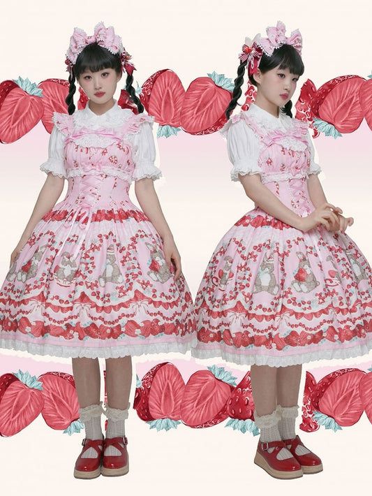 Cottagecore Strawberry and Bunny Print Lace-up Front Pink Jumper Skirt Country Flutter Sleeves Lolita Dress