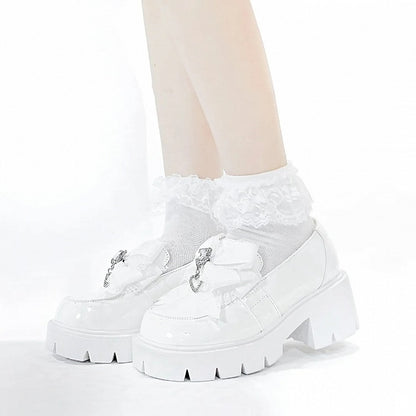 Loafers Kei Platform White 6cm in Bow Matte Chunky Heel Heart Decor Rhinestone Jirai