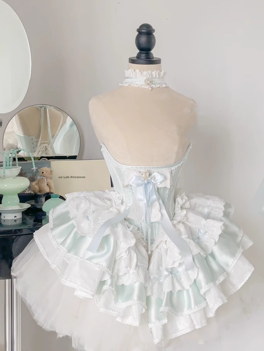 Corset Belt with Train Tiered Ruffles Satin Hime Lolita Light Green