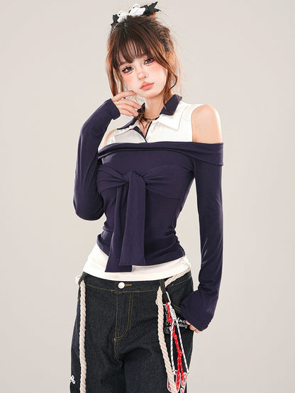 Navy Blue Tie Accent Cutout Shoulder Patchwork Top