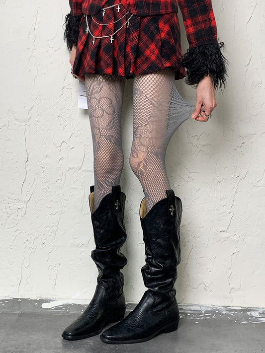 Grey Y2K Hollow-out Floral Pattern Tights