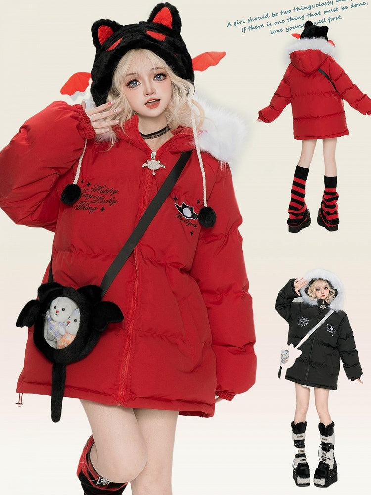 Black/Red Little Devil Hooded Puffer Jacket with Free Ita Bag