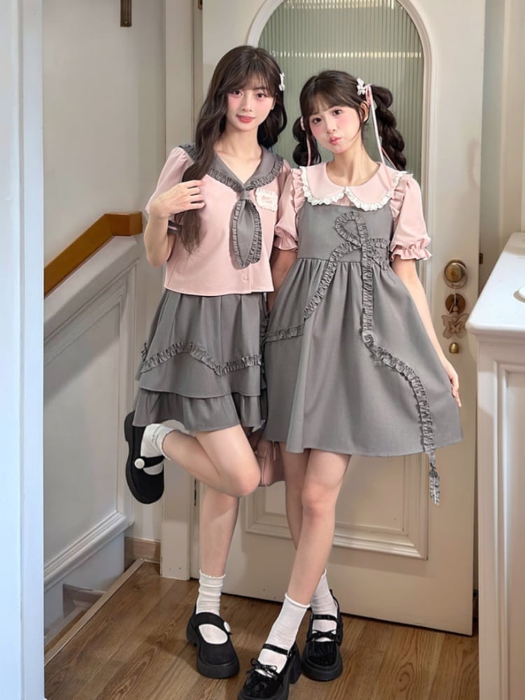 und graue Bluse Preppy Pink Rüschen Matrosenkragen Puffärmel Stil