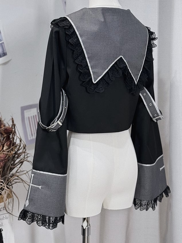 Ouji Long Square and Top Black Lolita Gray Cross Cropped Embroidery Collar Sleeves