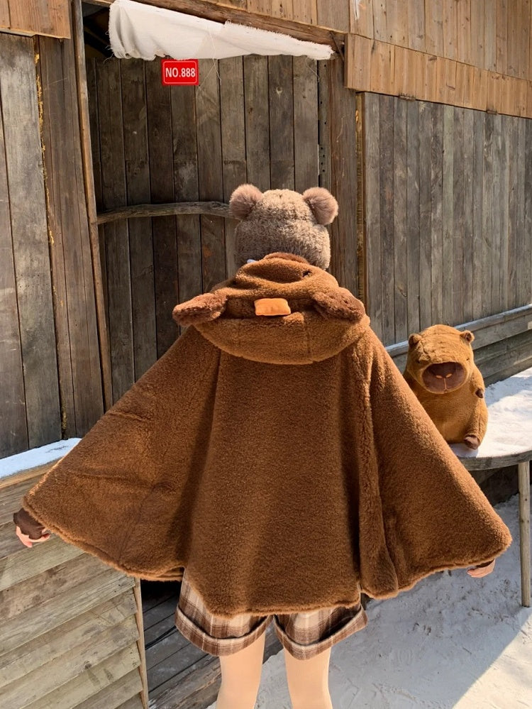Brown Cute Capybara Hood Zip Closure Fleece Hooded Cape