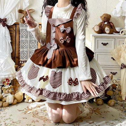 Chocolate Gingham Sweet Bowknot Lolita Overall Dress