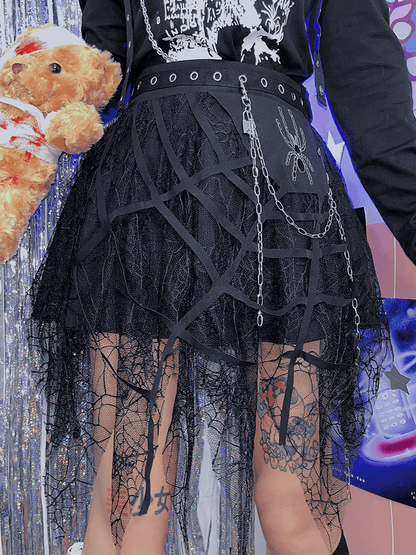 Spider Web Handkerchief Hem Skirt with Chain