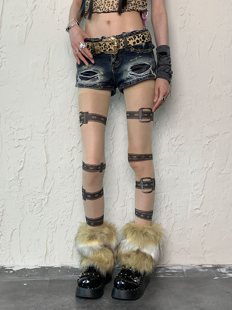 Ensemble de collants à bretelles et boucles punk nude, jambières hirsutes blanches et marron