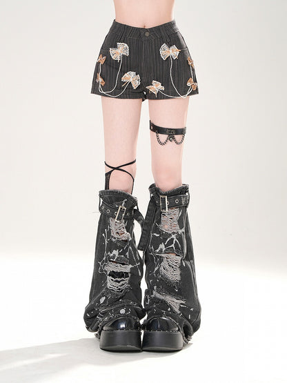 Dark Gray/White/Pink Bowknots Embellished Shorts with Beaded Chains