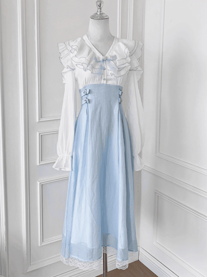 Blue Neckline Cutout Shoulder Dress Tiered Bowtie Flounce Jirai Kei Light Hem with
