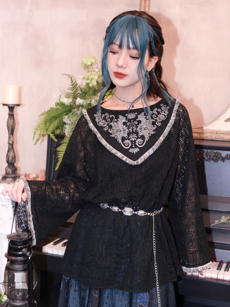 Style Hollow-out Black Hem Cheongsam Lace Top Tassel Seahorse and Coral Embroidery