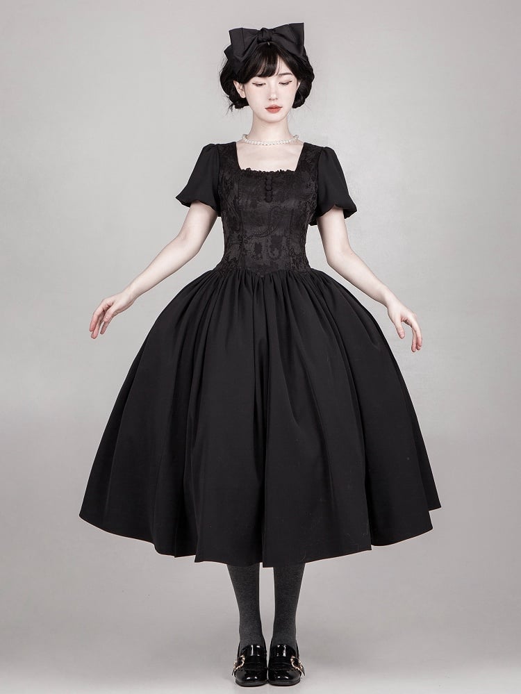 Robe noire longue à taille baleinée et décolleté carré, ensemble complet élégant Lolita