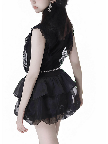 Beaded Skirt Chain with Black Cheongsam Style Banded Collar Mini Dress Bubble Waist