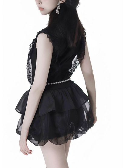 Skirt with Black Cheongsam Style Banded Collar Mini Dress Chain Waist Beaded Bubble