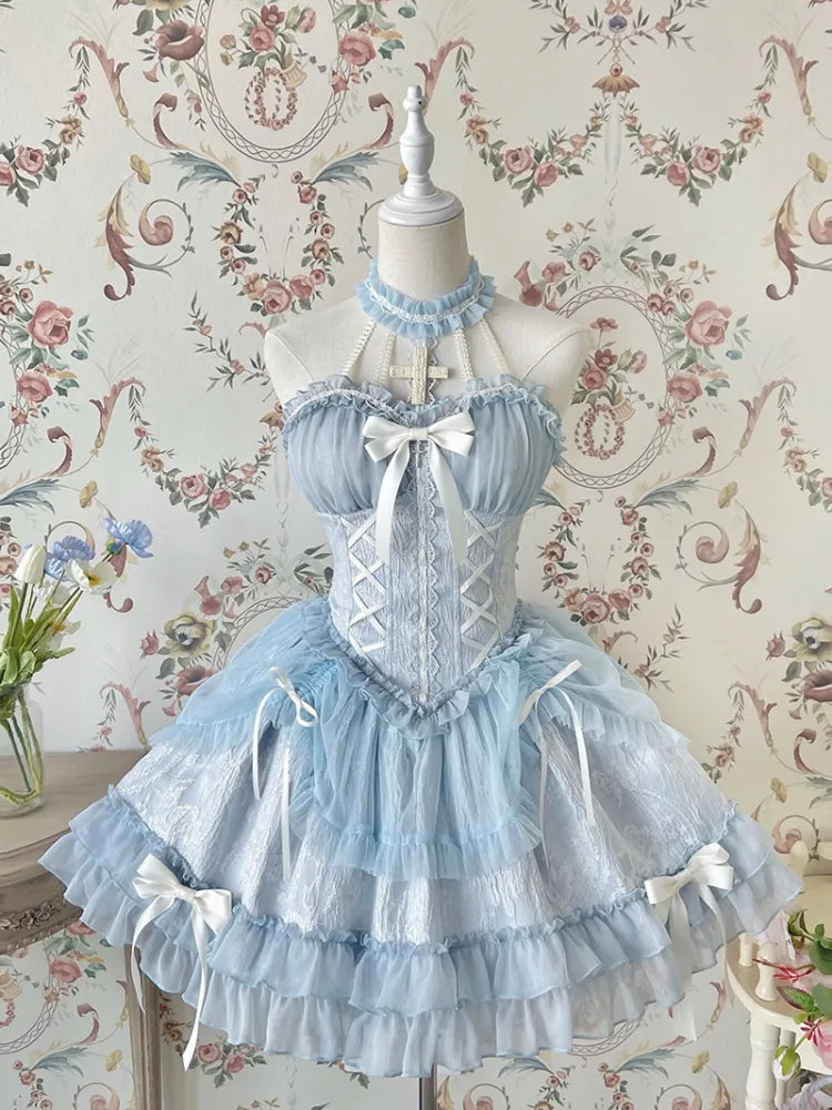 Cross Belle Blue Lolita Corset DressHalter Neck Balletcore JSK