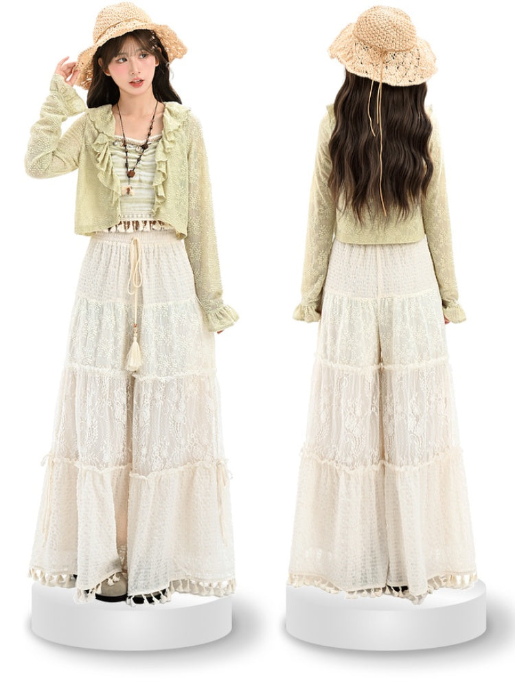 Waist Version White Drawstring Regular/Short Wide-Leg Pants with Tassel Cuffs Hollow-out
