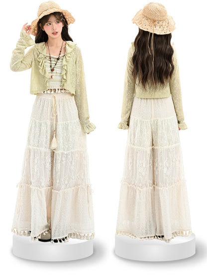 Waist Version White Drawstring Regular/Short Wide-Leg Pants with Tassel Cuffs Hollow-out