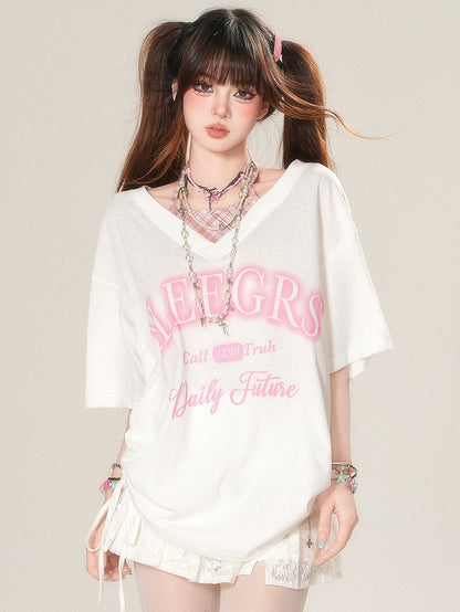 Two-pieces Halter Neck White/Black Faux Kawaii Daily T-shirt