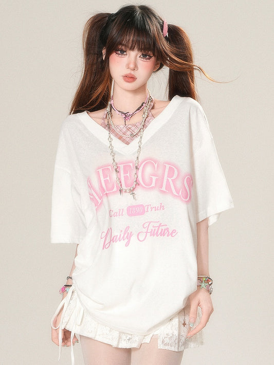 Two-pieces Halter Neck White/Black Faux Kawaii Daily T-shirt