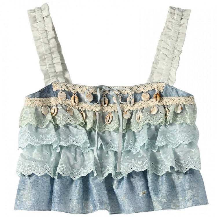 Sleeveless Top Shell Charm Tiered Ruffles Blue