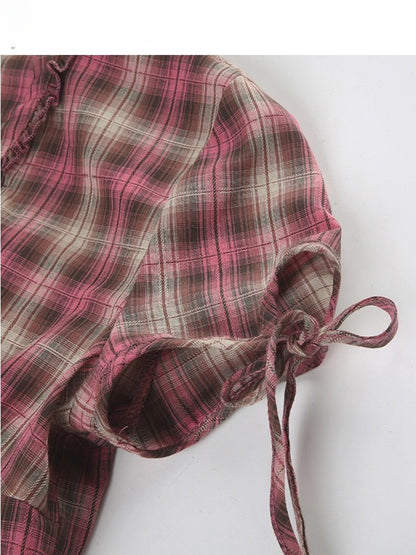Plaid Sleeves Ruffles Trim Pattern Shirt V-neck Y2K Short RedBrown