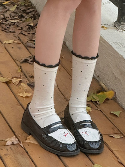 Polka-dot Pattern Ruffled Cuff Calf Socks