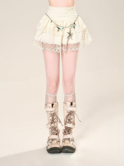 Waist High Apricot Skirt Mesh Lace Trim Glamorous Tiered Mini