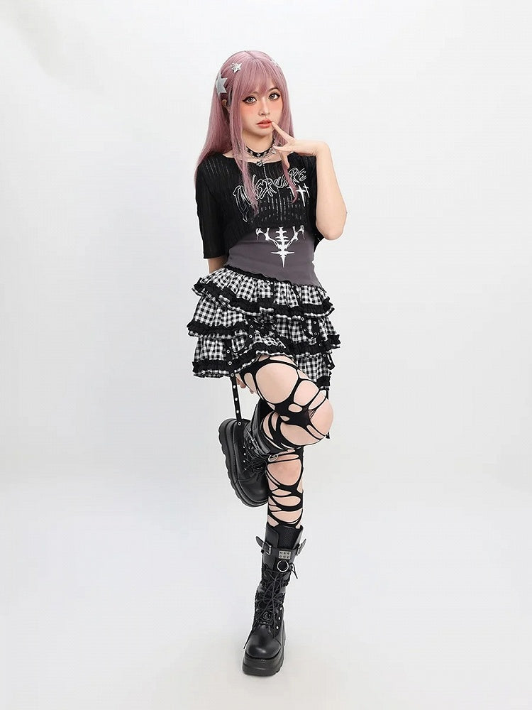 Tiered Skirt Y2K Red  Black/Black  White Plaid Strap Details